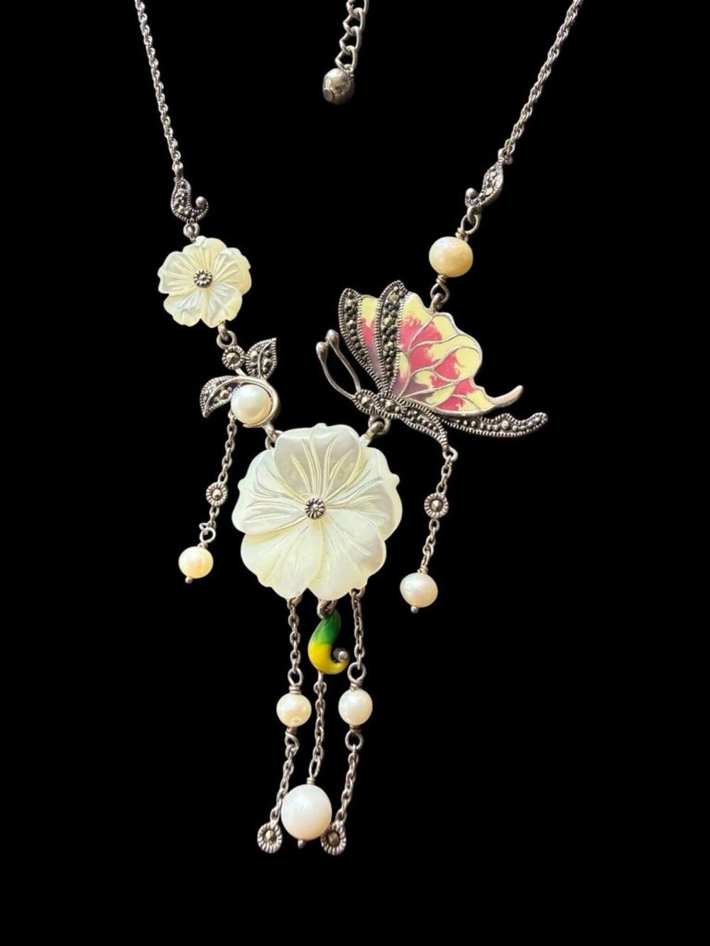 Vintage 925 Sterling Silver Carved MOP Flower Enameled Butterfly Necklace - Picture 4 of 7